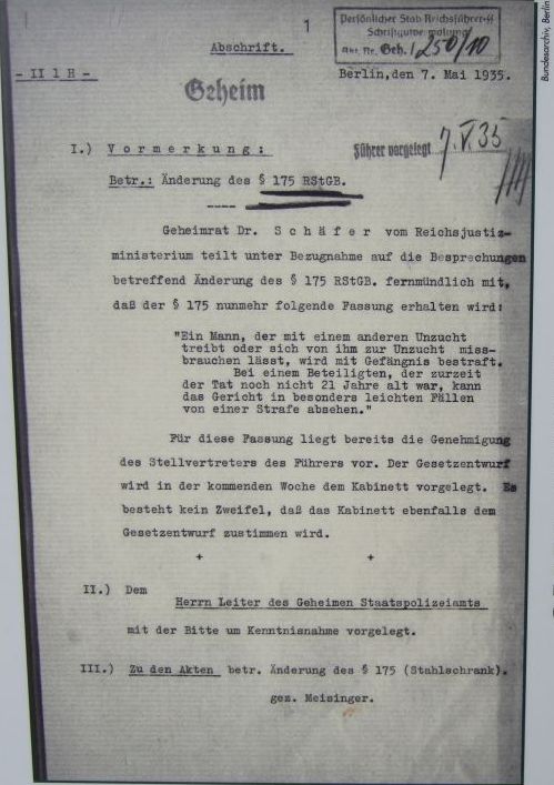 Neufassung des §175 - Aktennotiz Josef Meisinger vom 7.5.1935