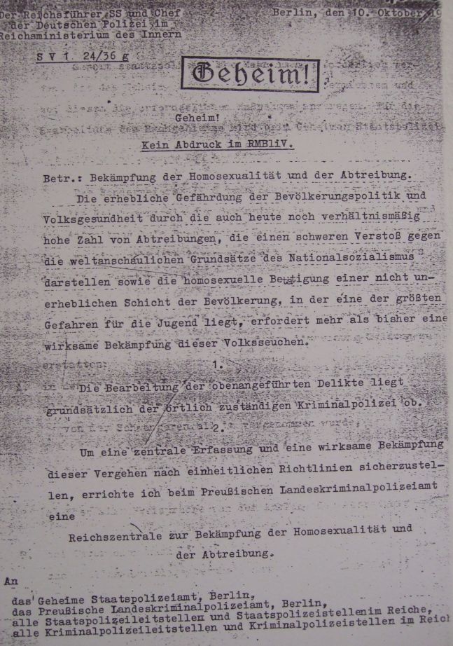 Geheimbefehl Himmlers zur Errichtung der ' Reichszentrale zur Bekämpfung der Homosexualität und Abtreibung '