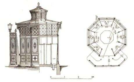 Prototyp einer Klappe : Café Achteck, Aufriss/Schnitt und Grundriss, aus Berlin und seine Bauten (1896)