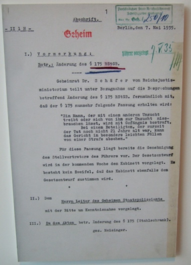 1935: Änderung §175, Aktennotiz Josef Meisinger