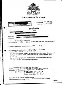 Homosexuellenverfolgung nach 1945 in Hamburg: Strafbefehl des Amtsgerichts Hamburg / Benutzungsverbot der Klappe Spielbudenplatz, Hamburg (Quelle: [1])