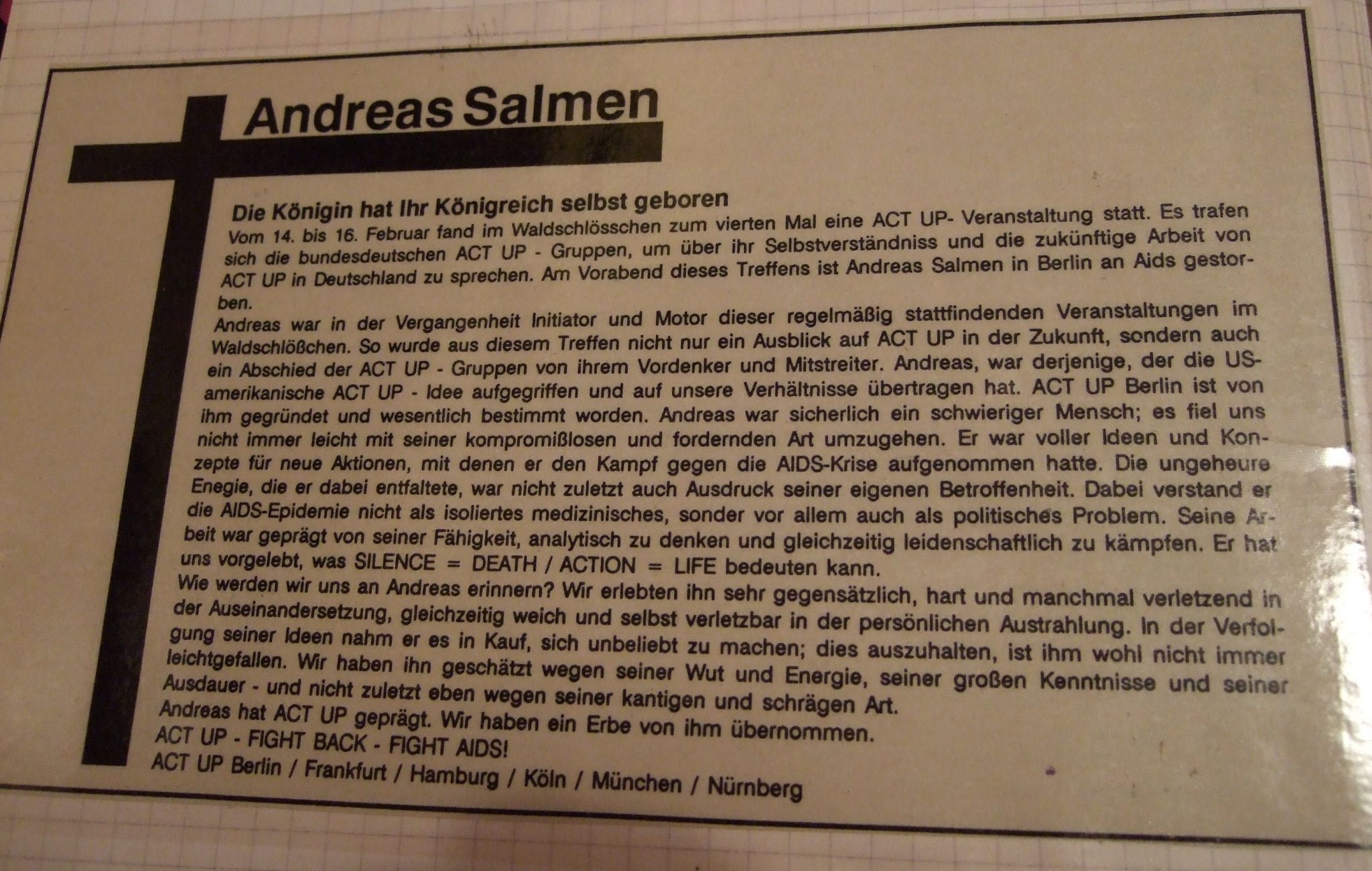 Andreas Salmen - Traueranzeige der ACT UP Gruppen in Deutschland