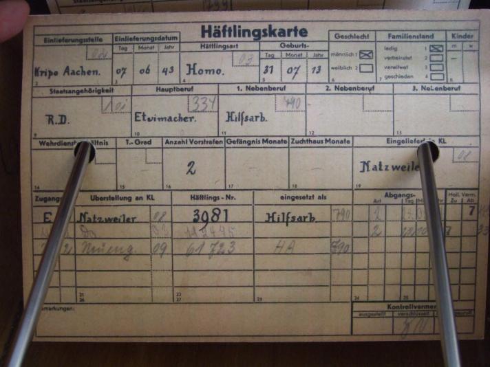'Häftlingsart Homo." - Häftlingskarte, KZ Neuengamme
