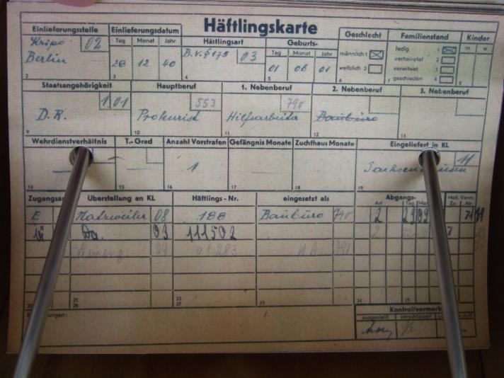 'Häftlingsart B.V. § 175" - Häftlingskarte, KZ Neuengamme