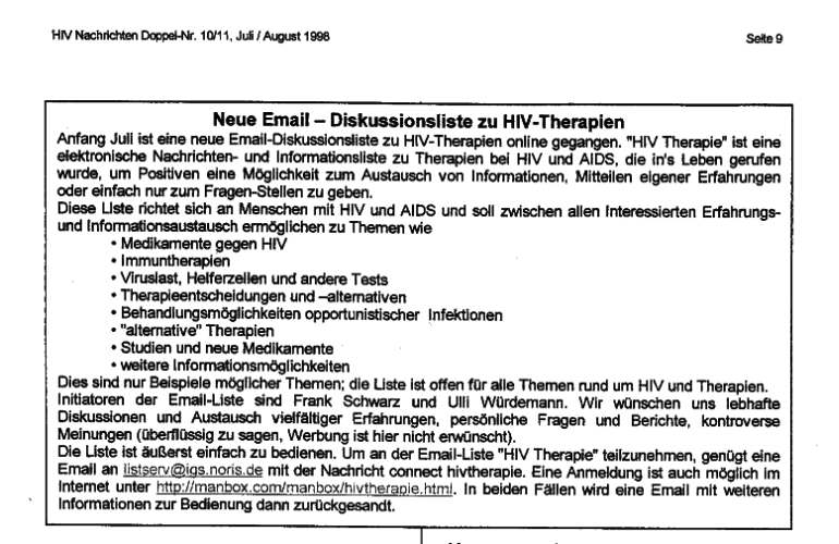 Email Diskussionsliste HIV Therapie - Hinweis in HIV Nachrichten 10/11, Juli/August 1998