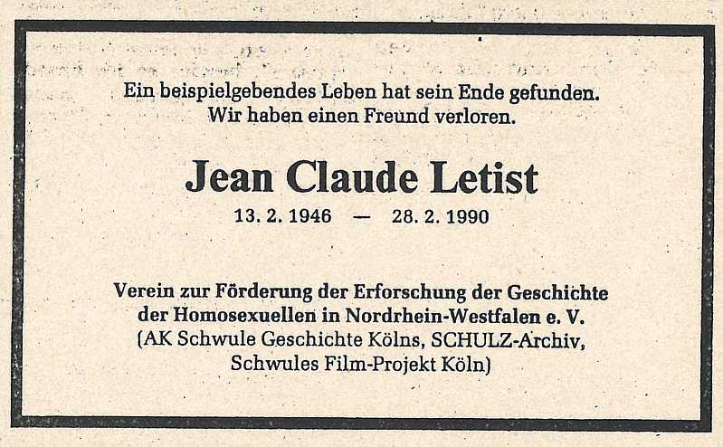 Traueranzeige Jean Claude Letist